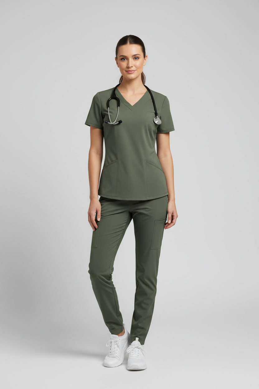 Women's V-Neck Scrub Top - Olive Green
