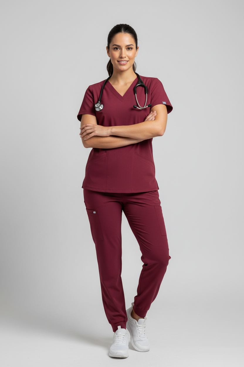 Women's V-Neck Scrub Top - Burgundy